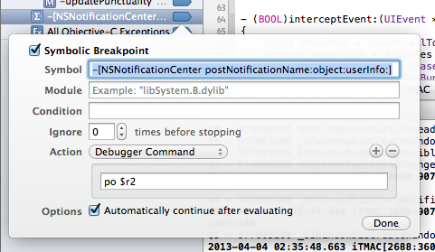 Xcode NSNotification breakpoint settings